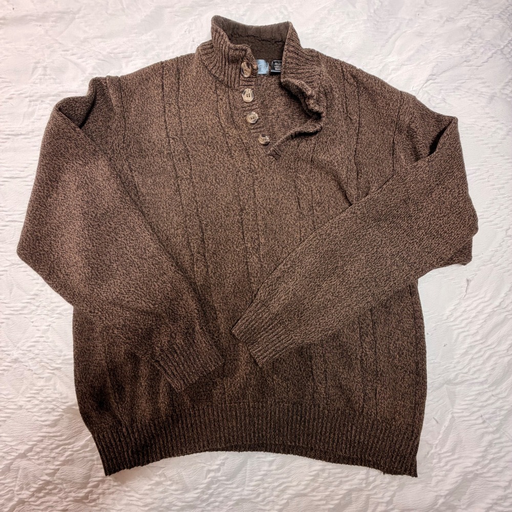 Oscar de la Renta Mens Brown Heathered Button Mock Neck Cable Knit Sweater XL